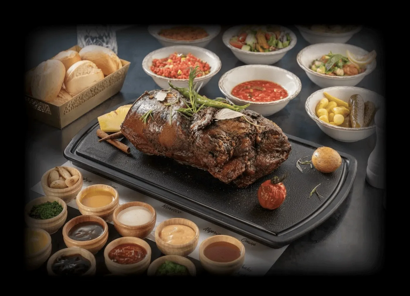 Smoked halal brisket carved for a group with sauces and salads