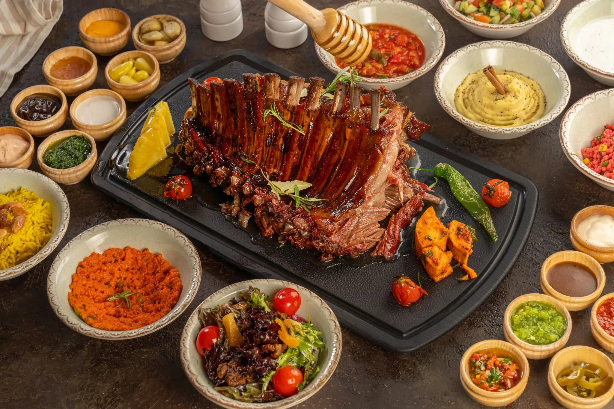 A rack of halal smoked lamb ribs ready for catering