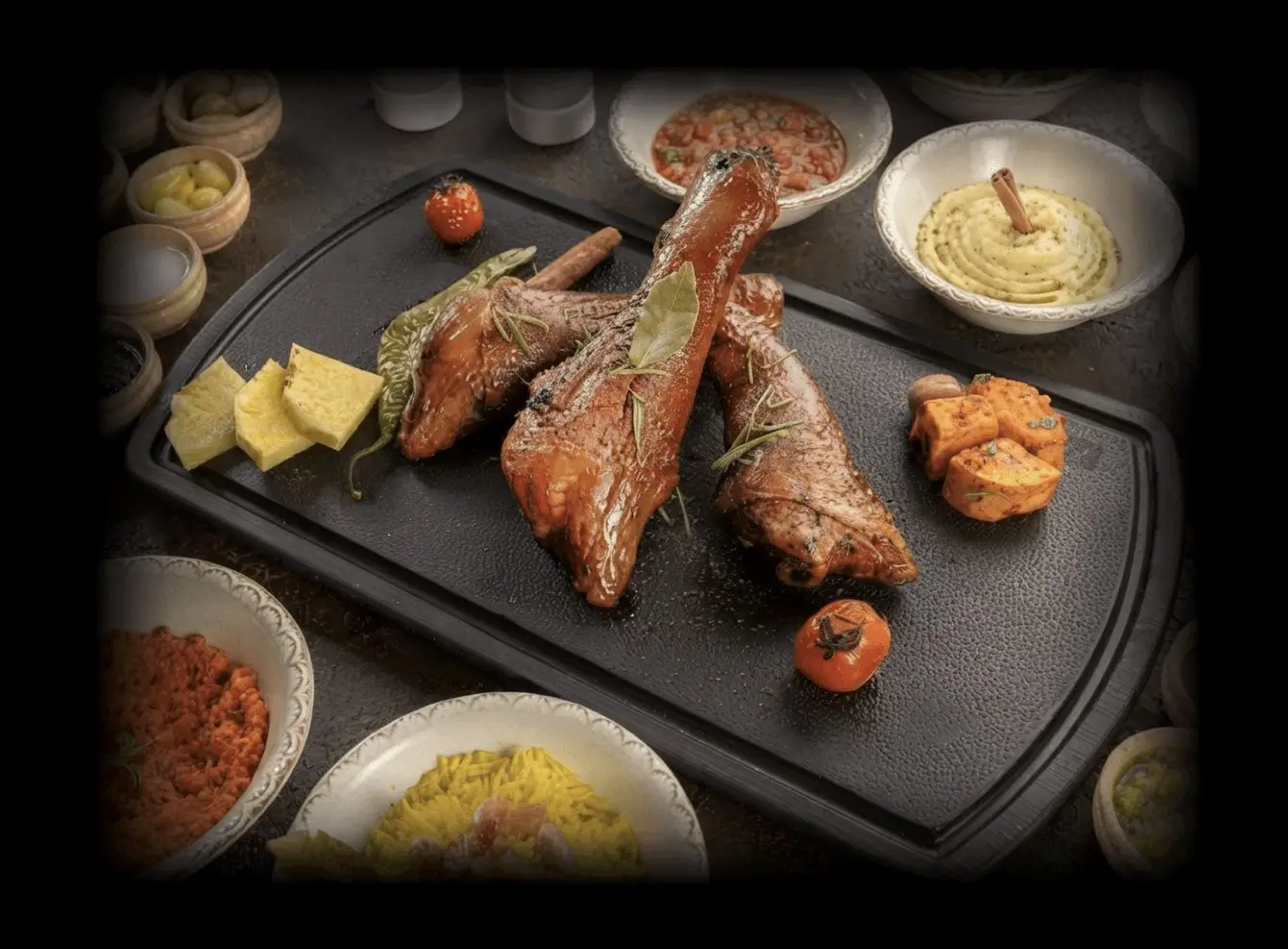 Halal smoked lamb shanks on a slate board with salads and sauces