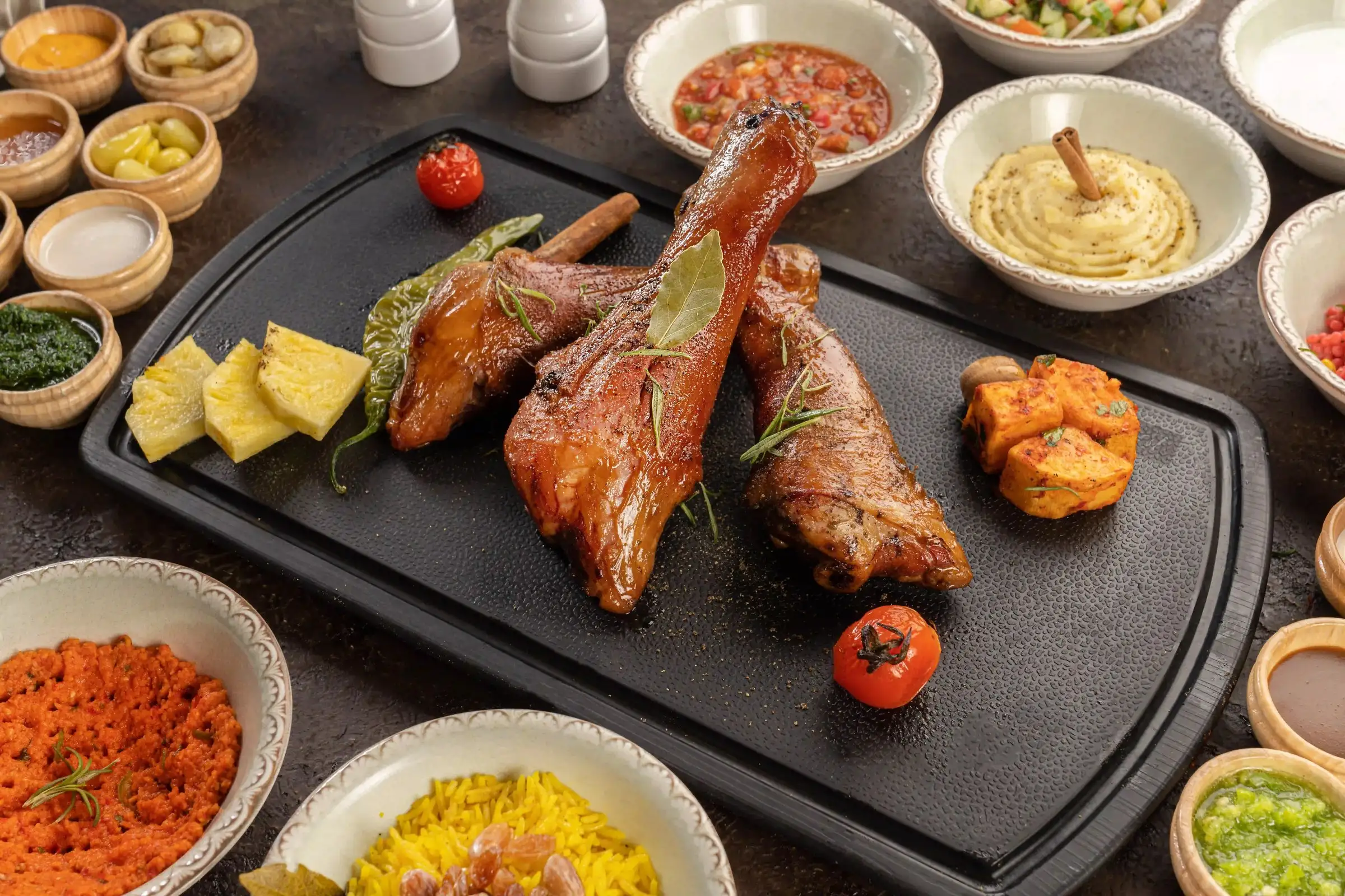 Smoked halal lamb with house sauces and salads on a Meat Moot table